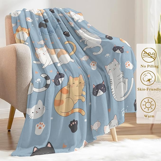Cute Cat Faces Flannel Blanket - Adorable Cartoon Kitten Blue Throw - Lightweight Soft Cozy Gifts Blankets for Kids & Pet Lovers,Modern Home Room Bedroom Decor 40x50in