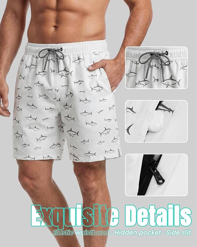 7 Inch Men Swim Trunks with Compression Breathable Liner Quick Dry Zipper Pockets for Pool Board Beach Cruise