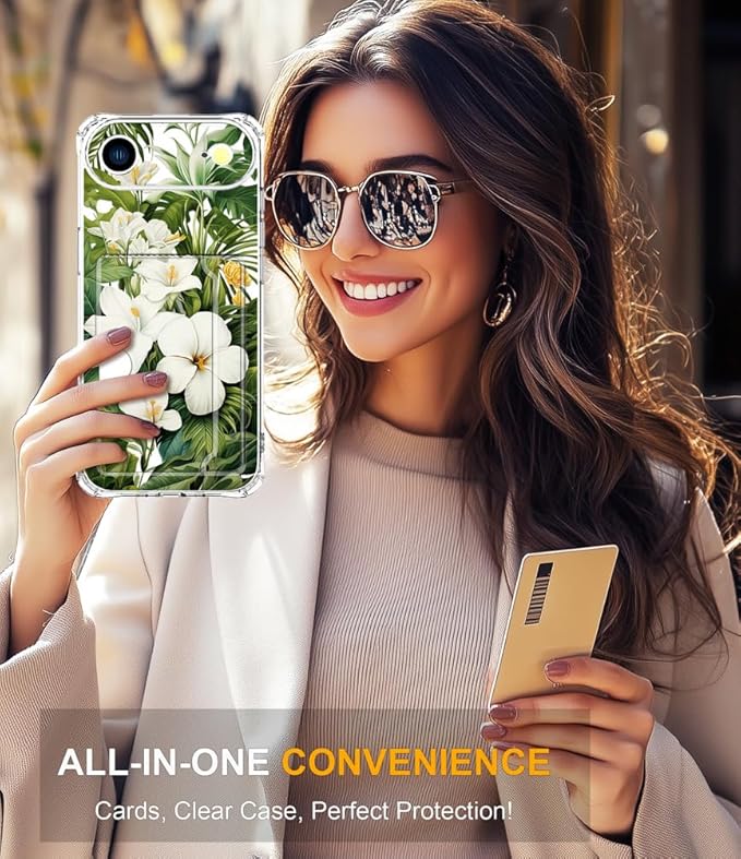 Compatible with iPhone 17 Air Case Card Holder for Women Cute Design,Wallet Phone Cases Transparent Cool Kawaii Protective (Clear Green Flowers Tropical Jungle)