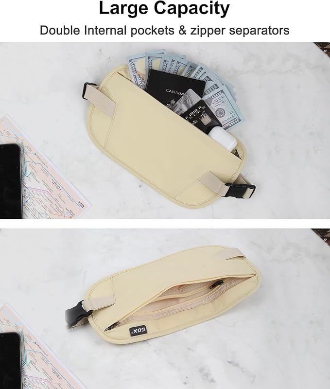 GOX Money Belt for Men Travel, Anti-Theft Hidden Waist Pack, RFID Secure Travel Belt for Men, Ultra-Thin Under-Clothes Passport Wallet with Documentry Safety & Money Holder (Lemon)