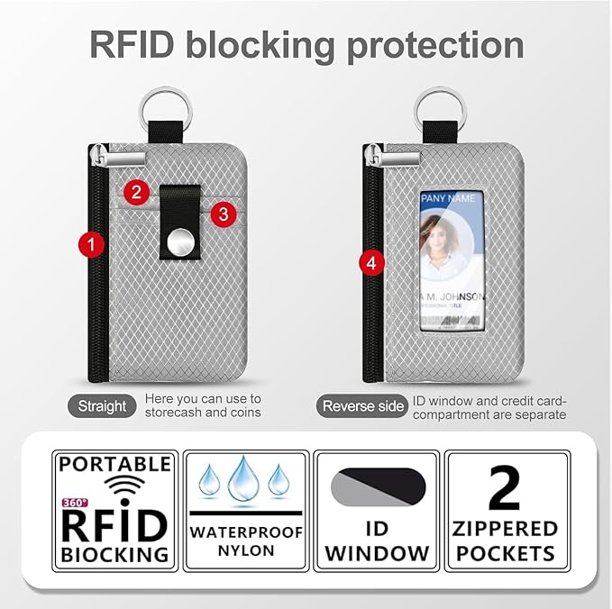 Minimalist RFID Blocking Small Wallet with ID Window,WaterResistant Zip Id Case Wallet with Lanyard Keychain for Cards,Cash,Travel,Women,Men (Light gray)