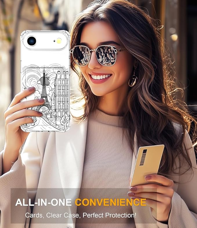 Compatible with iPhone 17 Air Case Card Holder for Women Cute Design,Wallet Phone Cases Transparent Cool Kawaii Protective (Clear Paris City Eiffel Tower)