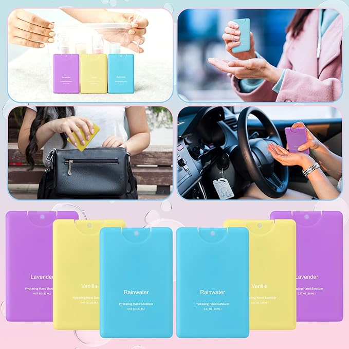 Set of 3 Power Mist Hydrating Hand Sanitizer Spray Bulk Travel Size Effective Hand Sanitizer 0.67 Fl. oz Compact Card Spray Bottle Lavender Vanilla Rainwater Scent for Friend Family Teacher