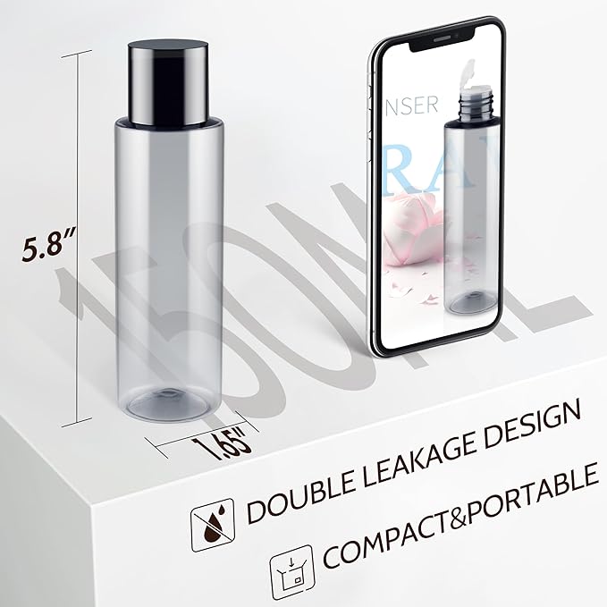 ZEJIA 150ML/5OZ Travel Size Toiletries, 3 Pack Travel Size Containers, Leak Proof Plastic Bottles for Shampoo, Lotion, Body Wash with 6pcs Labels