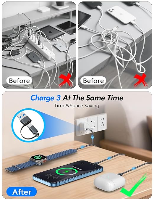 2Pack Multi Charging Cable Cord for Travel Essentials,Apple Watch Charger,iPhone Charger,[3-in-2] Type C/Lightning Cable Portable Designed for iWatch,iPhone 17-8,Galaxy S25-21,AirPods,iPad-1.8M Black