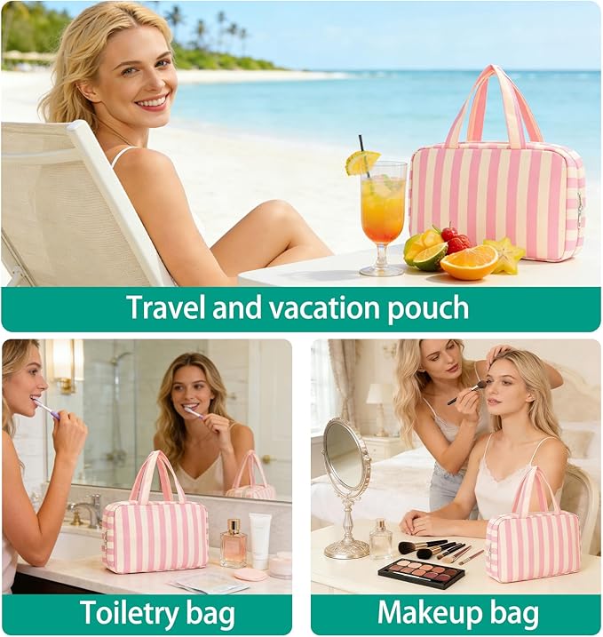 Toiletry Bag for Women Travel Water-resistant Cosmetic Bag Fashion Stripes Makeup Bag with Hanging Hook Preppy for Store Toiletries Cosmetic Accessories Medium Pink