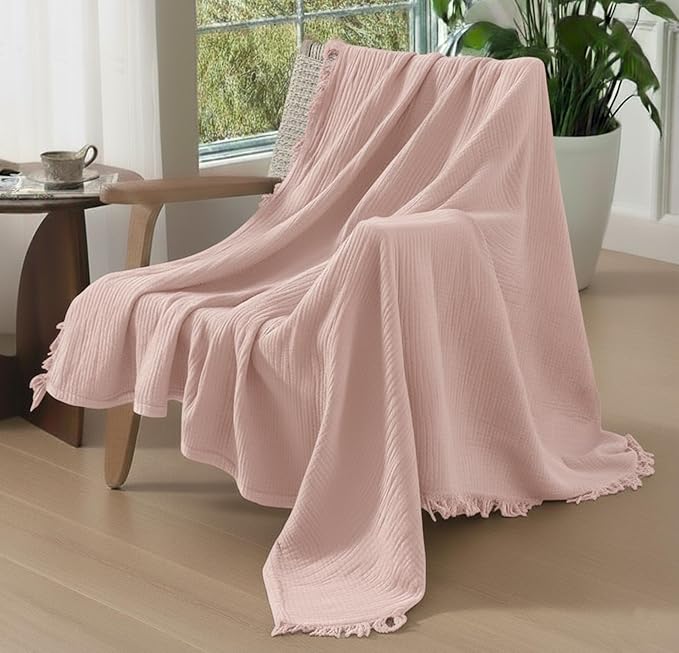 KyraHome 100% Organic Cotton Muslin Blankets for Adults, Girls, 60"x80", Plant Dyed, Breathable Lightweight Gauze Summer Throw Blankets for Couch, Napping, All Season (Soft Pink)