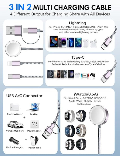 2Pack Multi Charging Cable Cord for Travel Vacation Essentials,Apple Watch Charger,iPhone 17 Charger,[3-in-2] USB A/Type C/Lightning Cable for iWatch,iPhone 17-11,Xbox Series X&S,Airpods,Home,Office