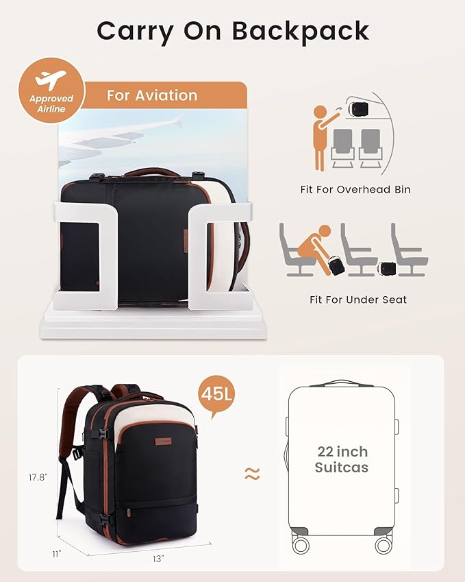 LOVEVOOK Carry On Backpack For Women & Men, 45L Personal Item Travel Bag, TSA Travel Backpack for Airplanes with Cup Holder, Business Weekender Overnight Waterproof Daypack with 2 Cubes, 17.3 inch