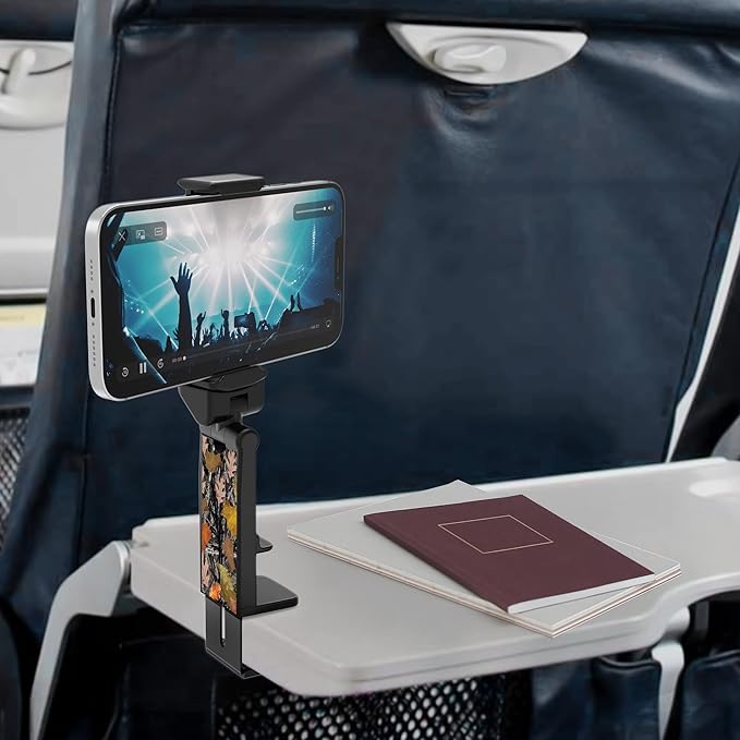 Beyond Cell Travel Accessories, Universal Seat Back Tray Table Hands Free Phone Clip Holder, Adjustable Pocket Size Airplane Travel Essentials Compatible with iPhone and Android Hunter