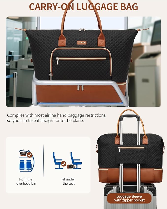 Weekender Bags for Women, Travel Duffle Bag Carry On Overnight Bag with Cosmetics Bag and Crossbody Purse for Gym Hospital, Gifts for Women, Black Brown