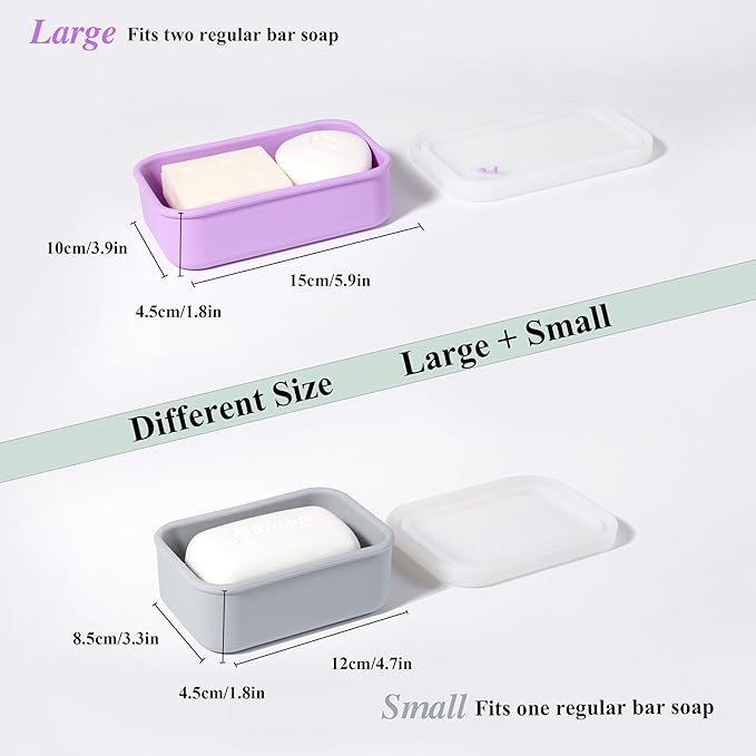 2PC Portable Leakproof Travel Soap Case, Silicone Travel Soap Case, Compact Soap Holder with Drainage Layer, Travel Soap Holder for Camping, Gym, Outdoor Purple&Gray