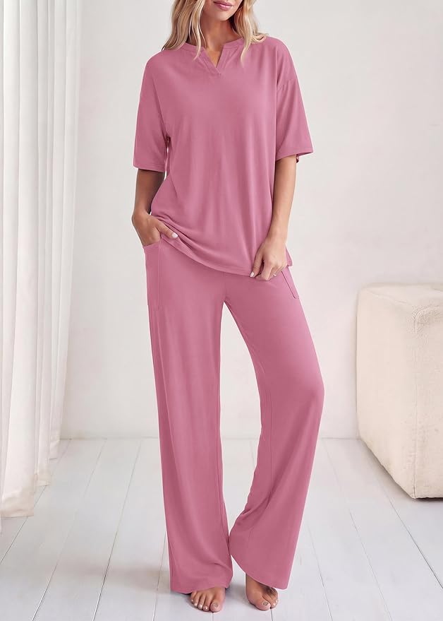 KIRUNDO Womens 2 Piece Matching Lounge Set Airport Travel Vacation Summer Outfits Oversized Short Sleeve Tops Wide Leg Pants