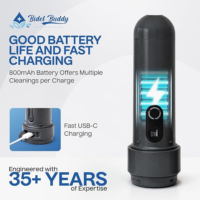 BIDET BUDDY® GoFlow Portable Bidet for Travel - 180ml Bottle with Two Power Modes, Nozzle Wand, IPX6 Waterproof, USB C Charging, 800mAh Rechargeable Battery, Medium Pressure