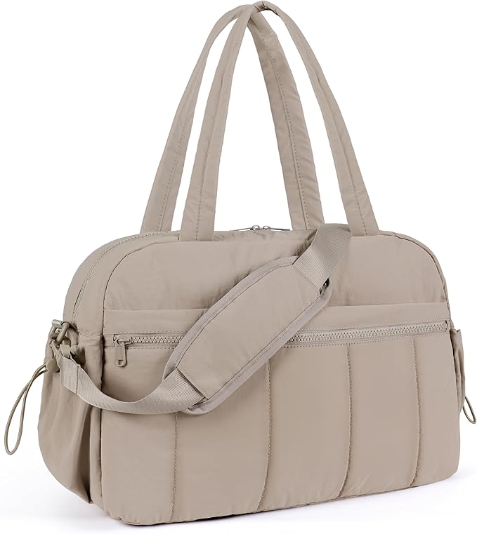 Lightweight Travel Duffle Bag for Women, Quilted Puffy Weekender with Wet Pocket for Gym, Overnight, Personal Item Carry On, Camel
