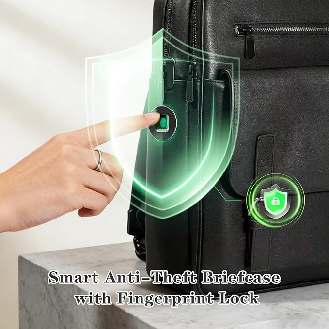 BBMars Smart Anti-Theft Backpack: Biometric Lock, Support Find My (iOS Only), Luxury Black Leather 15.6" Laptop Executive Bag for Men, Business Travel Daypack