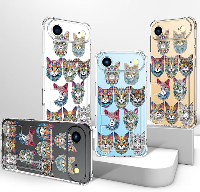 Compatible with iPhone 17 Air Case Card Holder for Women Cute Design,Wallet Phone Cases Transparent Cool Kawaii Protective (Clear Tattoo Cats Animal)