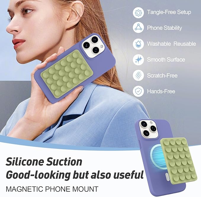Magnetic Suction Phone Mount for MagSafe Case,Silicone Sticky Phone Grip Holder for iPhone,Removable Hands-Free Selfie/Video for TikTok & Instagram Influencer/Creator (Green)