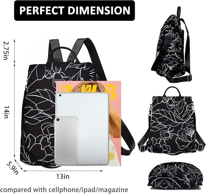 Fmeida Women's Anti-Theft Backpack Purse | Lightweight Travel Daypack for College, Work & Outdoor | Nylon Back pack with Minimalist Floral Design
