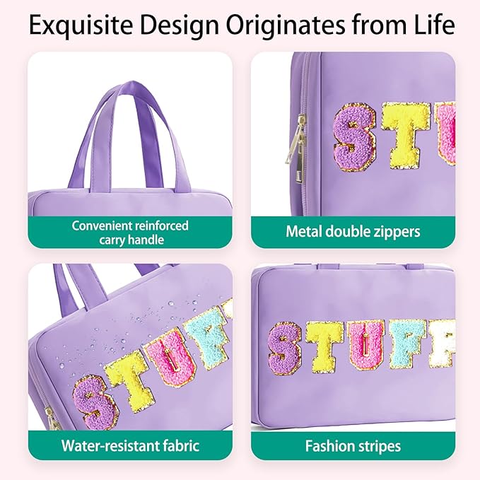 Toiletry Bag for Women Chenille Letter Makeup Bag Water-resistant Cosmetic Bag Travel Bag with Hanging Hook Preppy for Store Toiletries Cosmetic Accessories Medium Purple