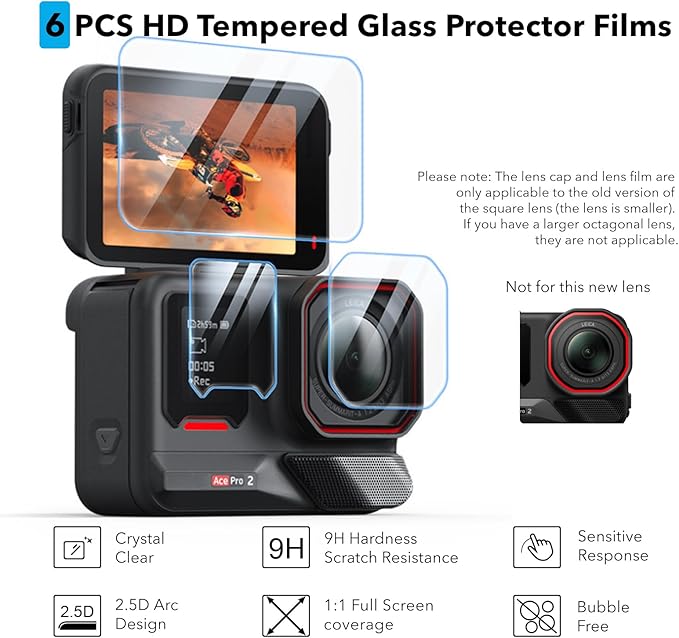 for Insta 360 Ace Pro 2 Accessories, PU Portable Mini Carrying Bag Case, Lens Screen Protectors (6 Pack) Compatible with Insta360 Ace Pro 2, Rubber Lens Cap Cover for Insta 360 Action Camera