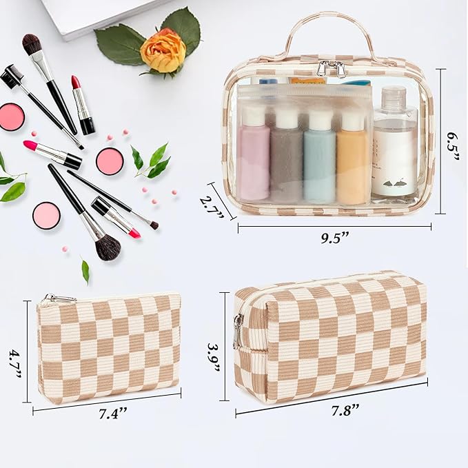 Bluboon 3Pcs Makeup Toiletry Bag for Women, Clear Packing Cubes Cosmetic Bag for Travel Women With Zipper Travel Essentials (Corduroy Checkered)