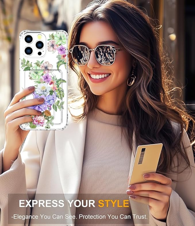 Compatible with iPhone 16 Pro Max Case Card Holder for Women Cute Design,Wallet Phone Cases Transparent Cool Kawaii Protective (Clear Impressive Flowers)