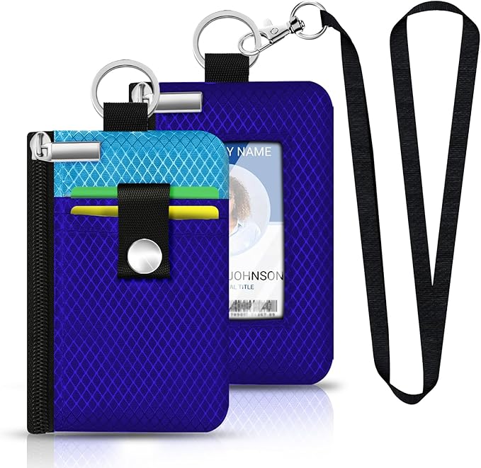 Minimalist RFID Blocking Small Wallet with ID Window,WaterResistant Zip Id Case Wallet with Lanyard Keychain for Cards,Cash,Travel,Women,Men (Sapphire Blue/Lake Blue)