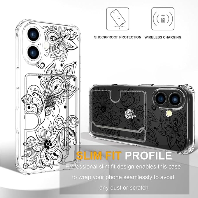 Compatible with iPhone 17 Case Card Holder for Women Cute Design,Wallet Phone Cases Transparent Cool Kawaii Protective (Clear Black Henna Flower)