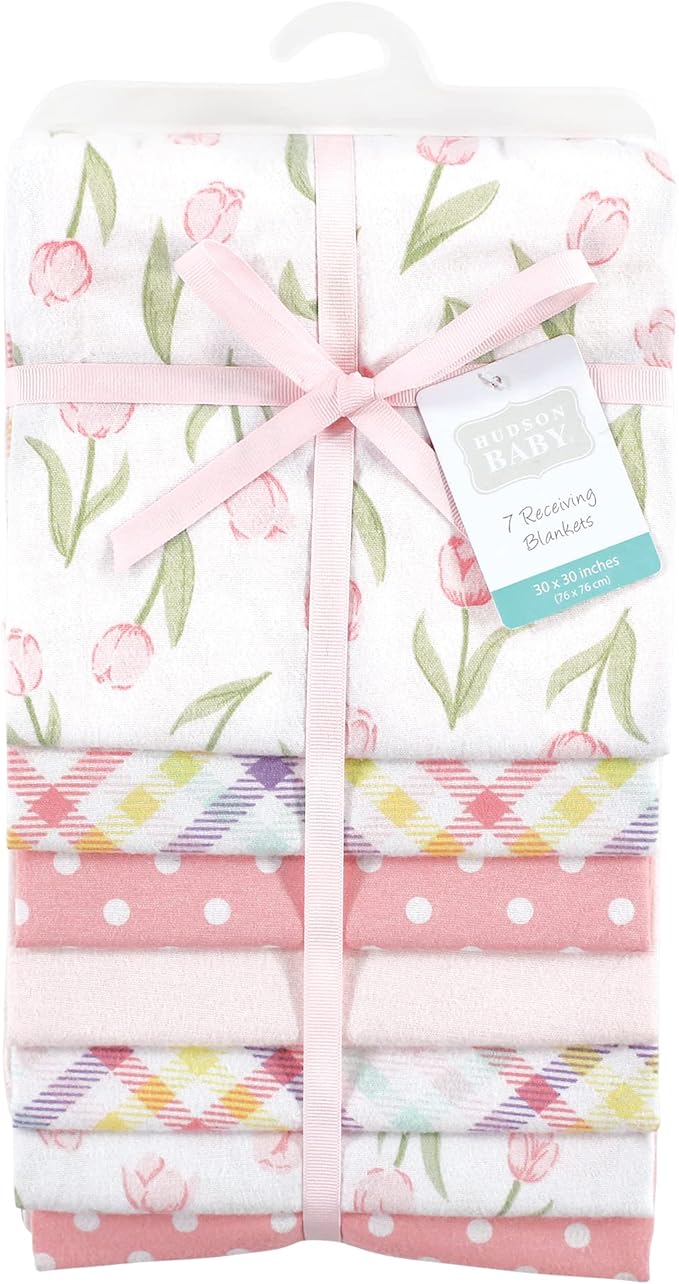 Hudson Baby Unisex Baby Cotton Flannel Receiving Blankets Bundle, Pink Tulips, One Size
