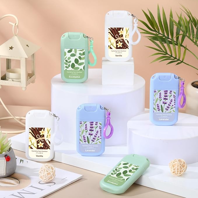 Set of 3 Power Mist Hydrating Hand Sanitizer Spray Bulk with Keychain Travel Size Refreshing Hand Sanitizer 1 Fl. oz Compact Spray Bottle Eucalyptus Lavender Vanilla Scent for Friends Gifts