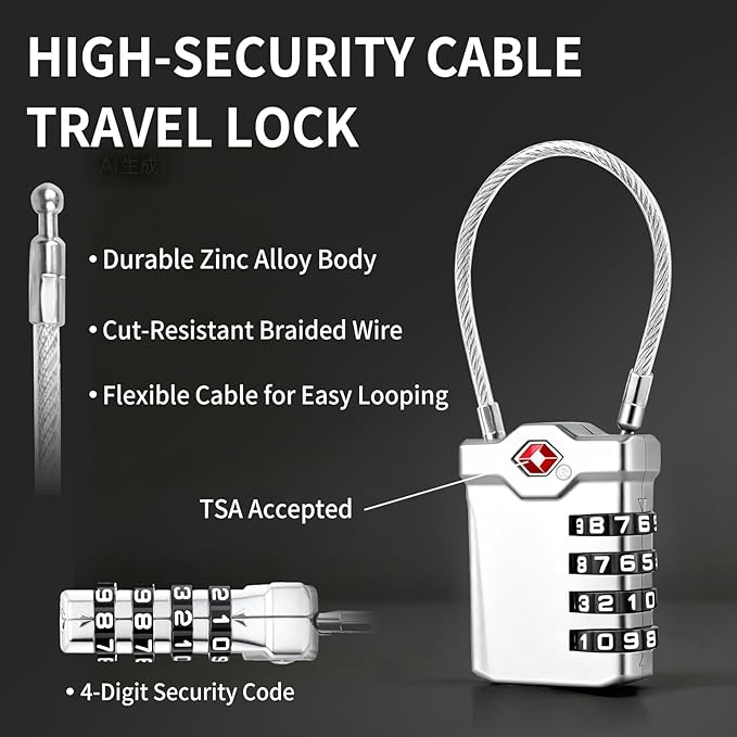 TSA Approved Locks for Luggage, 2 Pack Combination Travel Steel Cable Lock, Re-settable 4 Digit Padlocks with Inspection Indicator, Alloy Body Keyless Padlock for Lockers, Backpacks, Bags - Silver