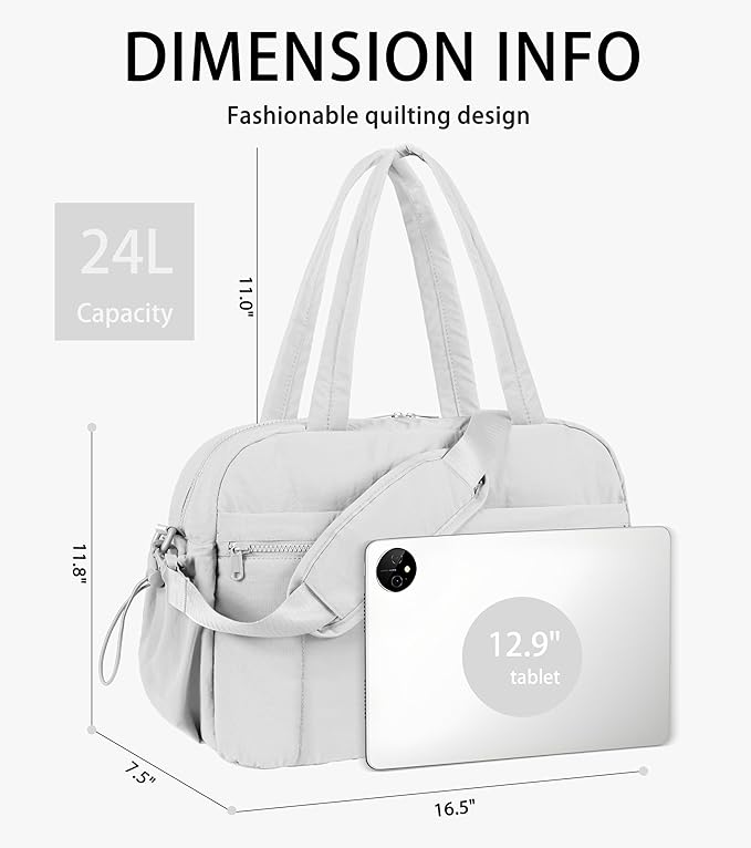 Lightweight Travel Duffle Bag for Women, Quilted Puffy Weekender with Wet Pocket for Gym, Overnight, Personal Item Carry On, Light Grey