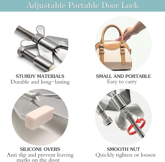ELEMGULY Portable Door Lock, Adjustable Security Door Lock with Protective Silicone Caps for Home, Travel, Hotels, Apartments to Enhance Safety, Silver