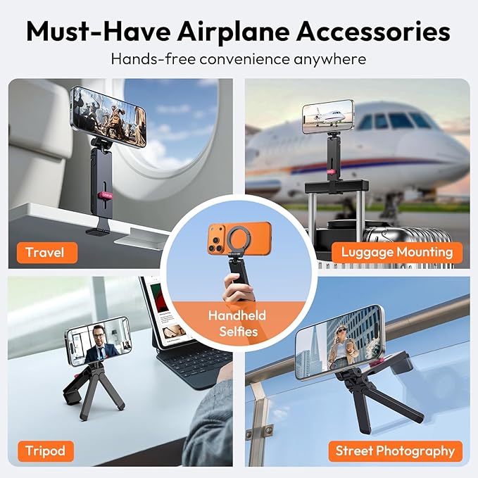ULANZI MA88 Magnetic Airplane Phone Holder for MagSafe iPhone 17-12 Series, Strongest Magnet Handsfree Phone Tripod Mount for Woman Man, 360° Rotation Long Flight Travel Essentials for Seat Tray Table