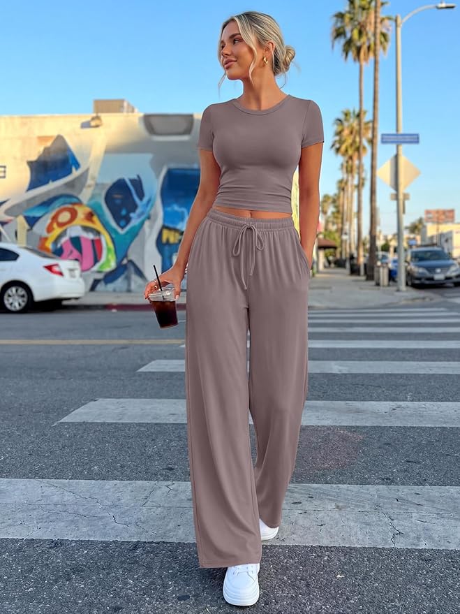 Trendy Queen 2 Piece Matching Summer Lounge Set Womens Side Ruching Top Wide Leg Pants Sets with Pockets