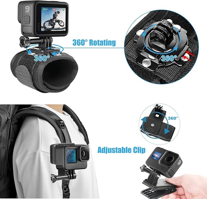 36 in 1 Accessories Kit for Action Camera, Chest & Head Strap Mount, 360° Rotating Wrist Strap Mount, Backpack Clip, Suction Cup Mount, Floating Handle Grip and Various Adjustable Camera Accessories