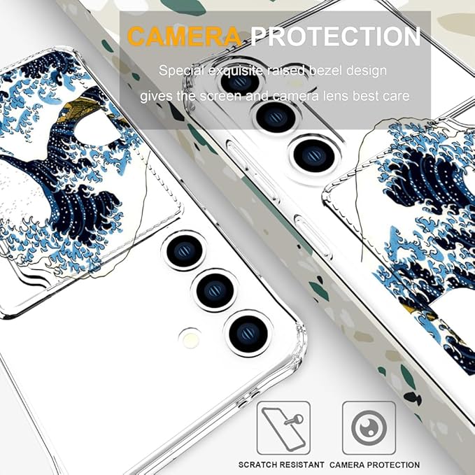 Compatible with Samsung Galaxy S24 / S25 Case Card Holder for Women Cute Design,Wallet Phone Cases Transparent Cool Kawaii Protective (Clear Blue Wave)