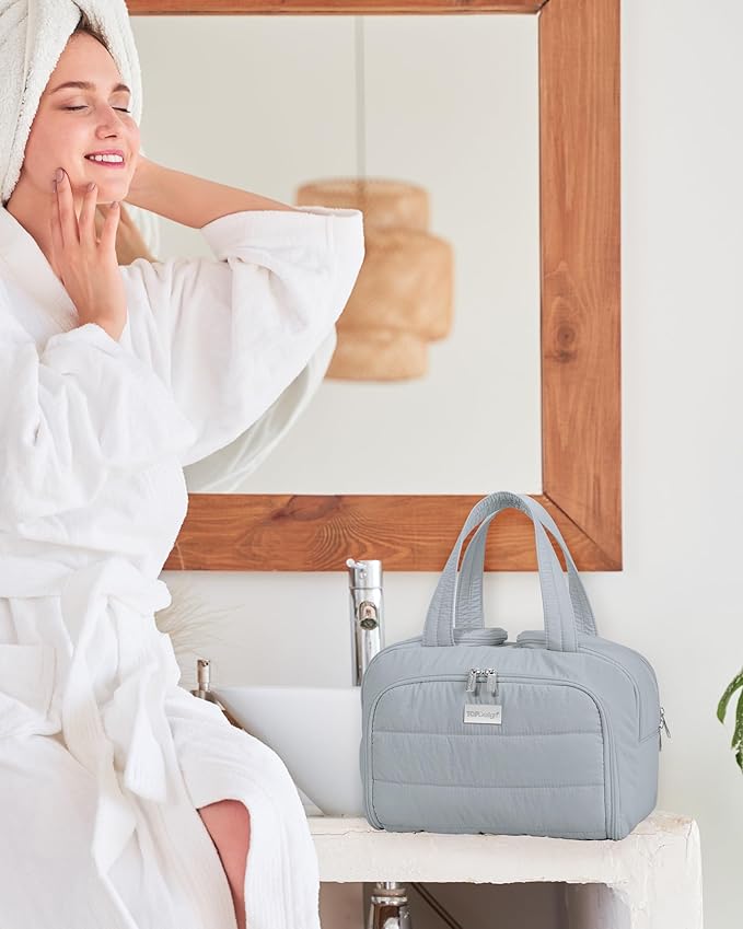 TOPDesign Travel Toiletry Bag for Women, Puffer Large Toiletry Bag, Lightweight Cosmetic Makeup Organizer with Handle for Traveling, Accessories, Essentials, Toiletries (Light Grey)