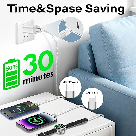 Travel Essentials for Apple Watch Charger,iPhone Charger,3 in 1 Type C/Lightning/Magnetic Multi Charging Cable with 20W Charger Block,Portable Designed for iWatch 11-2,iPhone 17-11,Galaxy S26,iPad-4FT
