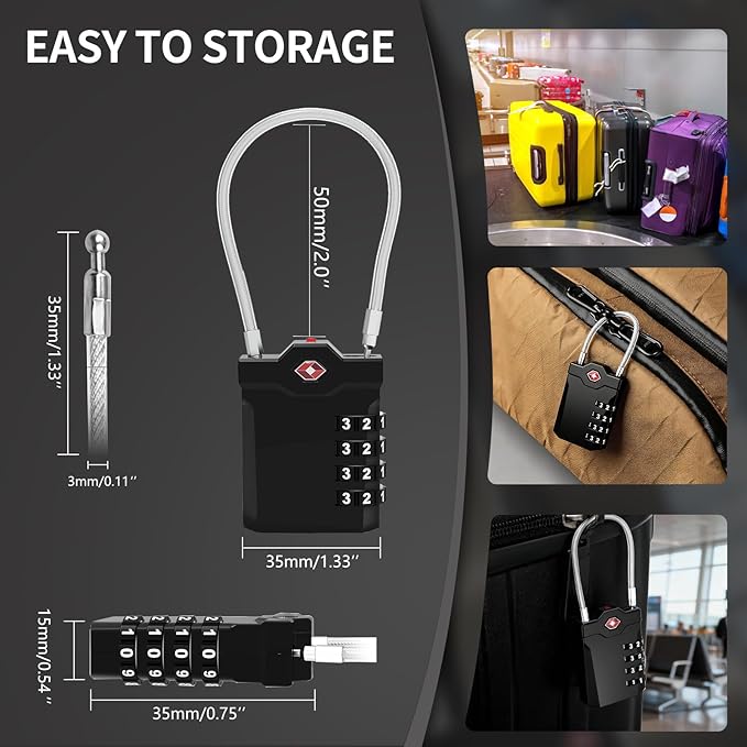 XOOL 2PCS TSA Approved Luggage Locks 4 Digit with Flexible Steel Cable, Resettable Luggage Padlock for Suitcases, Backpacks, Gym Bags & Travel Use