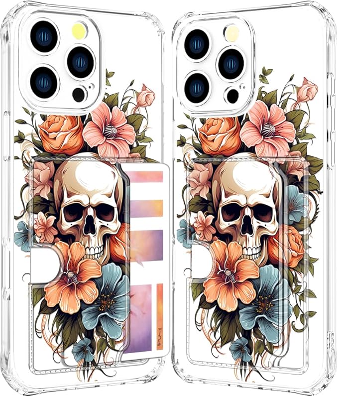 Compatible with iPhone 16 Pro Case Card Holder for Women Cute Design,Wallet Phone Cases Transparent Cool Kawaii Protective (Clear Skull & Flowers)