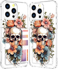 Compatible with iPhone 16 Pro Case Card Holder for Women Cute Design,Wallet Phone Cases Transparent Cool Kawaii Protective (Clear Skull & Flowers)