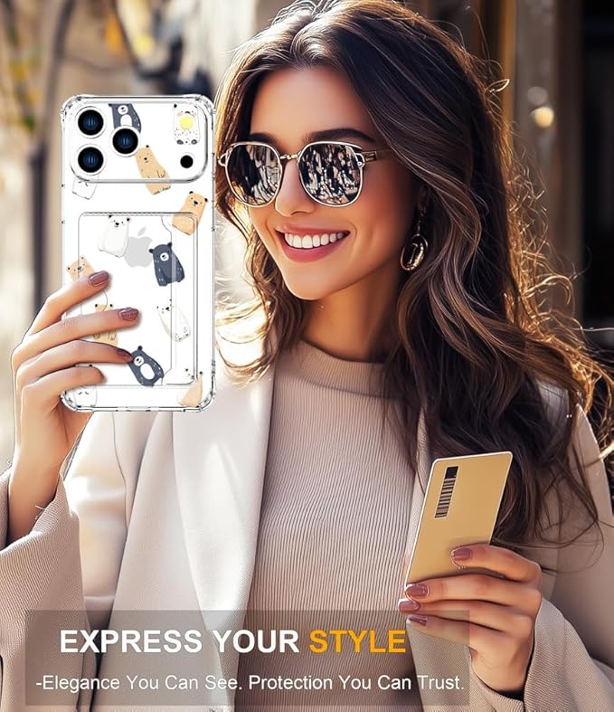 Compatible with iPhone 17 Pro Max Case Card Holder for Women Cute Design,Wallet Phone Cases Transparent Cool Kawaii Protective (Clear Lovely Bears Funny)