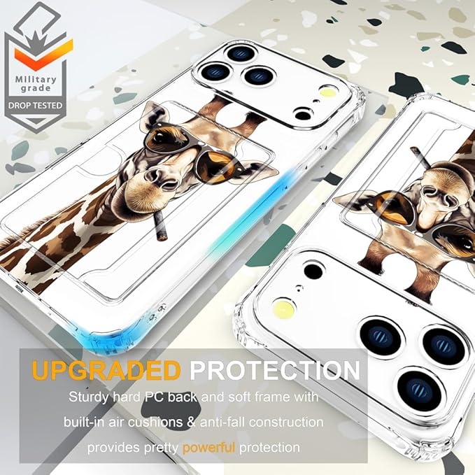 Compatible with iPhone 17 Pro Case Card Holder for Women Cute Design,Wallet Phone Cases Transparent Cool Kawaii Protective (Clear Giraffe Smoking Animal)