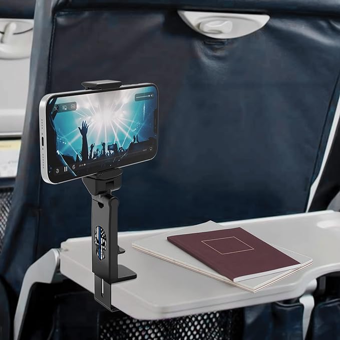 Beyond Cell Travel Accessories, Universal Seat Back Tray Table Hands Free Phone Clip Holder, Adjustable Pocket Size Airplane Travel Essentials Compatible with iPhone and Android Thin Blue Line Skull