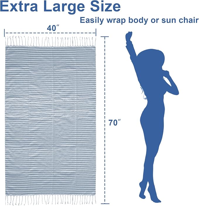 Oversized Turkish Beach Towel Quick Dry Sand Free Boho Blanket Extra Large XL Swim Bath Pool Picnic Accessories Airplane Travel Vacation Essentials Women Mother Birthday Gift Yoga Mat (Blue)