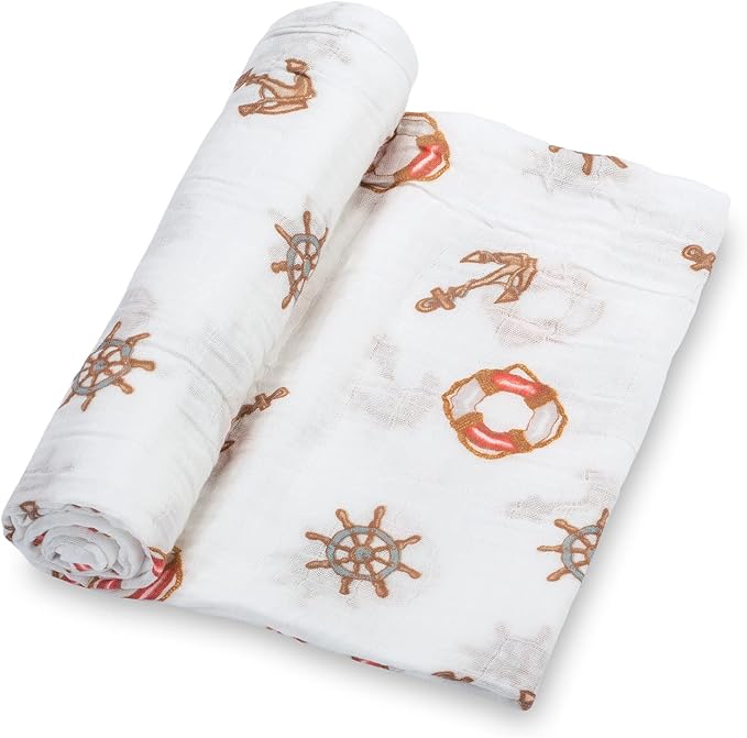 LollyBanks Muslin Swaddle Blanket, 100% Muslin Cotton Neutral Baby Blanket for Girls and Boys, 47 X 47 Inches Soft and Cozy Newborn Swaddle Lightweight, Baby Essential, Registry (Boat Anchor Print)
