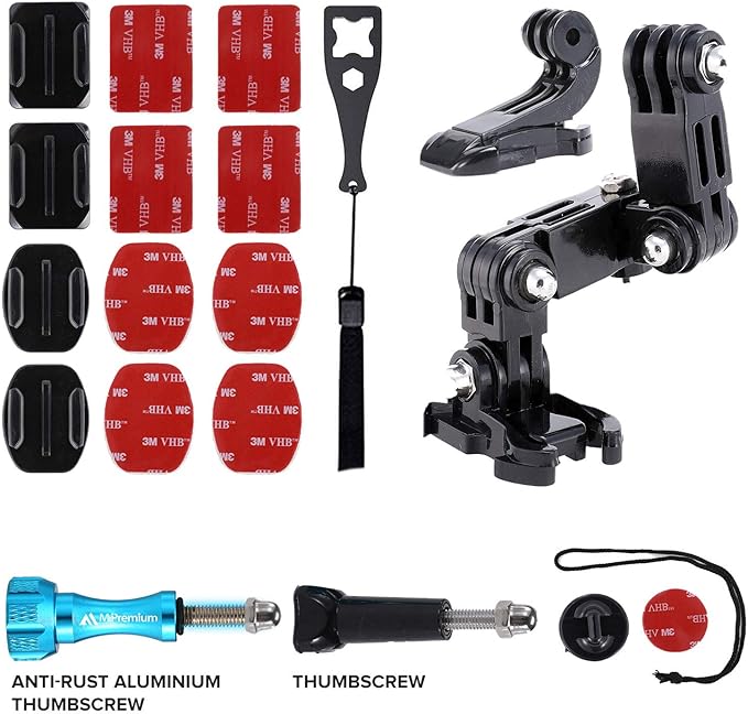 MiPremium Motorcycle Helmet Chin Mount Kits for GoPro Hero 13 12 11 10 9 8 7 6 5 4 3 Black Silver Session, AKASO/Campark & Other Action Camera Swivel Aluminium Screw Flat Curved Adhesive Pads & J Hook