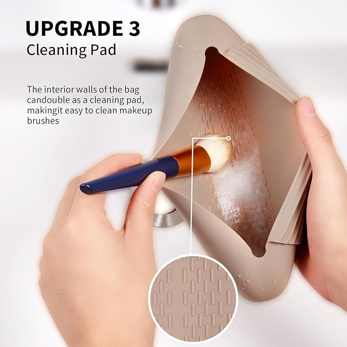 AGIKET 2 IN 1 Silicone Makeup Brush Holder with Beauty Make Up Sponge Holder Case：Soft Portable Cosmetic Face Brushes Holder with Upgrade Anti-Fall Out Magnetic Closure - Walnut